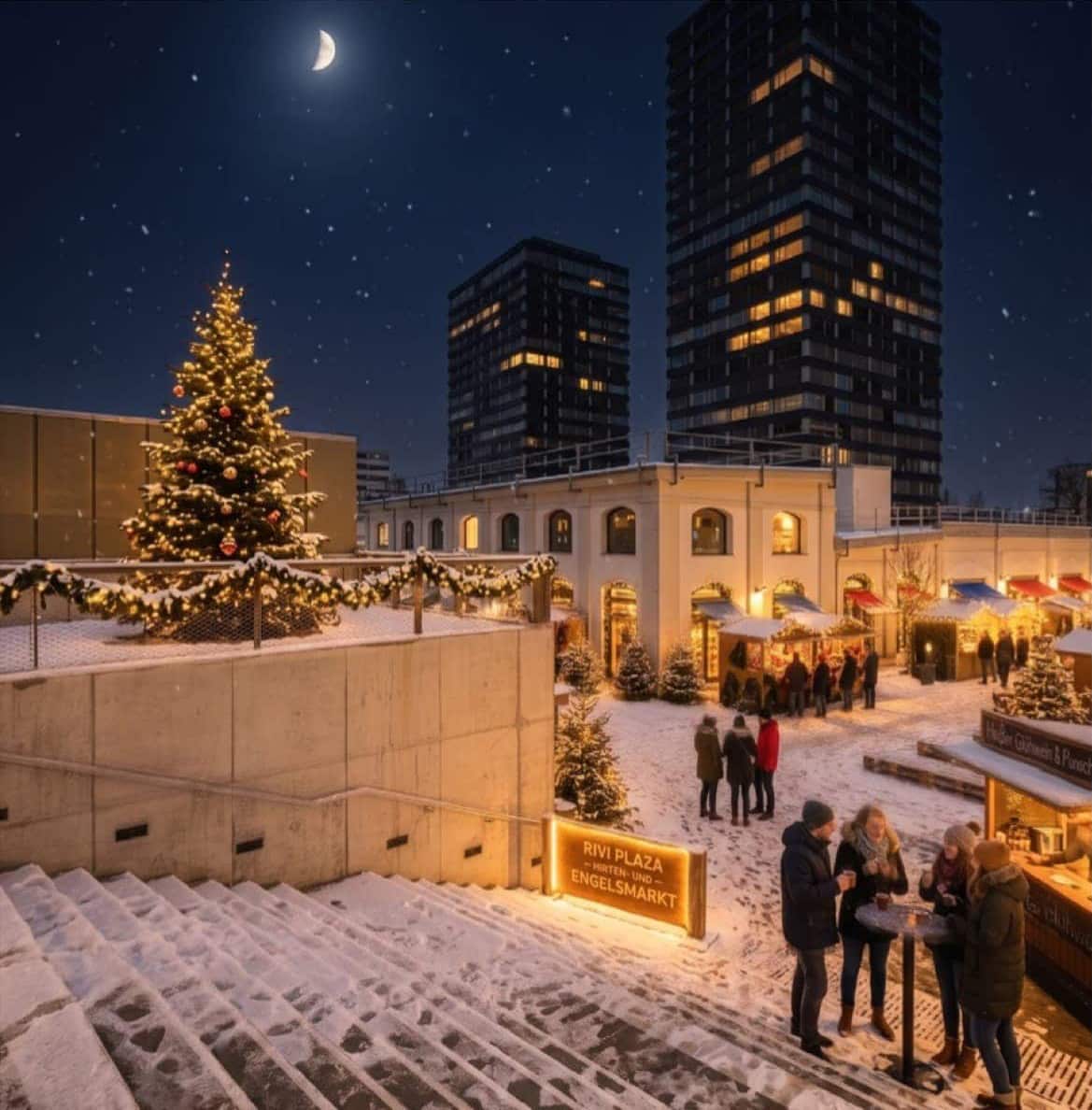 Beleuchteter Weihnachtsbaum vor den Towers im Rhyfall Village
